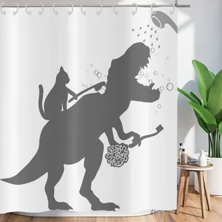 ASDCXZ Duschvorhang Lustig 180x180 cm, Einfachheit Lustig Katze Dinosaurier Weiß Waschbar Textil Badezimmer Vorhänge Polyester Stoff Wasserdicht Duschvorhänge für Badewanne mit 12 Duschvorhang Hake