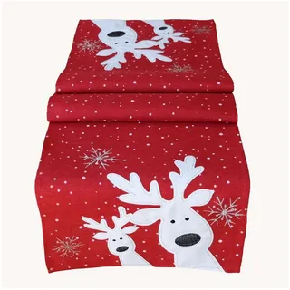 texpot Tischdecke Tischläufer Stickerei lustiger Elch Winter Weihnachten Deko (1-tlg) rot Rechteckig | 40 cm x 140 cm