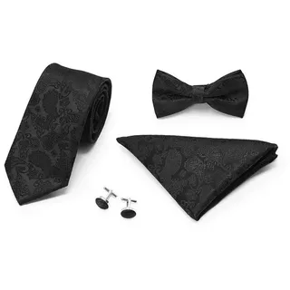 Allthemen Krawatte (Set) Herren 4-tlg Set Krawatte Fliege Einstecktuch Manschettenknöpfe schwarz
