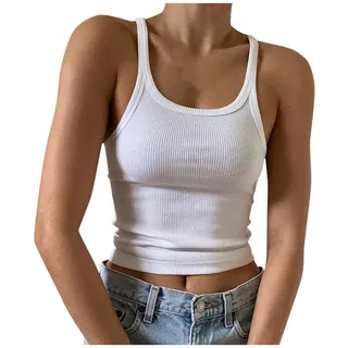 MeiLyviba Tank Top Damen Spaghetti Top Sexy Ärmellos Unterhemd Gerippte Basic Einfarbig Camisole Sommer Oberteile Crop Tops Bauchfreie Tops Trägertop Weiß Sommertop