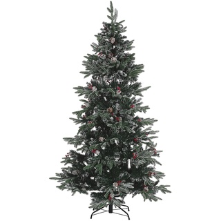 Künstlicher Weihnachtsbaum mit Zapfen Schnee bestreut 210 cm grün/ rot Denali
