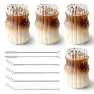 Latte Macchiato Gläser, 4 Stück Cappuccino Gläser 530ml, Kaffeegläser Bubble Gläs, Latte Macchiato Tassen, Espressotassen Glas mit 4 Strohhalm und 2 Strohbürste, Kaffeeglas Set für Latte Tee Eis Milch