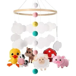 Wald Tiere Mobile Baby Windspiele, Babybett Mobile Baby Hölz mit Filzbällen, Elefant Giraffe Löwe Wolke Mobile Baby Anhänger Neugeborenen Geschenk Für Baby (Cartoon Tiere)