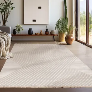 Teppium Kurzflor Teppich Läufer Flur 80 x 250 cm Beige - 3D Boho Teppich Waschbar, Skandinavisches Stil, Geometrisch und Weich - Ideal als Bettvorleger im Schlafzimmer, Küchenläufer, Wohnzimmerteppich