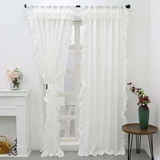 Ricemru Weiße Gardinen Rüschen Halbtransparent Landhausstil Shabby Chic Vorhäng Tunnelzug Einfarbig Fenstervorhang Schal Outdoorvorhang,2er-Pack 140x260