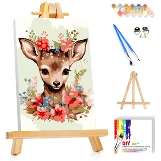 YarnWhimsy Malen Nach Zahlen Kinder ab 6 7 8 10 mit Rahmen und Holzstaffelei, Hirsch Malen Nach Zahlen Für Kinder, Diy Acrylfarbe Paint by Numbers Geschenk für Mädchen und Jungen (20x30cm)