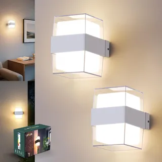 LetGlin LED Wandleuchte Innen 12W 1200LM, IP65 Wandlampe Aussenlampe Wand Aussen, 3000K Up and Down Leuchte Außenwandleuchte, LED Lampe für Hauswand Badezimmer Flur Balkon, Aluminium, Weiß 2 Stück