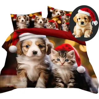 Weihnachtsbettwäsche Mit Realistischem 3d-muster, 160 X 200 Cm + 2 Kissenbezüge, Katze, Hund