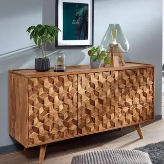 FineBuy Massivholz Sideboard 140cm Sheesham Natur Kommode mit 2 Türen & 3 Schubladen Retro Design