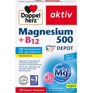 Doppelherz Magnesium 500 + B12 2-Phasen – Hochdosiert mit 500 mg Magnesium pro Depot-Tablette – 30 Tabletten
