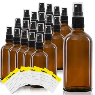 Oputec 20x 100ml Sprühflasche aus braunem Glas mit Zerstäuber + Etiketten | Braunglas schützt vor UV-Licht: feiner Sprühnebel für Parfüm, Essenzen, Raumduft – klein genug für Handtasche und Rucksack