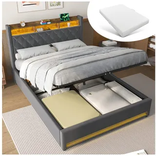 MODFU Polsterbett Funktionsbett Stauraumbett Gästebett (Stilvolles Polsterbett Dunkelgrau aus hochwertigem holländischen Samt mit hochelastischem Schaumstoff, 1-tlg., 160*200), Mit LED-Lichtleiste und USB-Aufladung grau