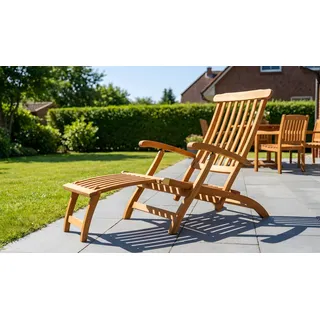 Liegestuhl Holz Somme - 160 x 60 x 87 cm (L x B x H) - klappbarer Deckchair aus geöltem Eukalyptusholz mit abnehmbarem Fußteil und verstellbarer Lehne