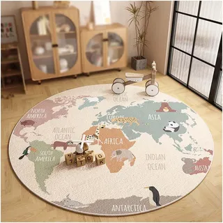 WOLWES Runder Teppich mit runder Weltkarte für Kinder, Baumwollboden(B,140cm/55in/4.5ft)