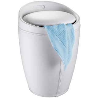 WENKO Badhocker Candy Leder Optik Weiß, Hocker mit Stauraum für das Badezimmer und Wohnzimmer, integrierter Wäschesammler, ABS-Kunststoff, BPA-frei, Fassungsvermögen 20 L, Ø 36 x 50,5 cm
