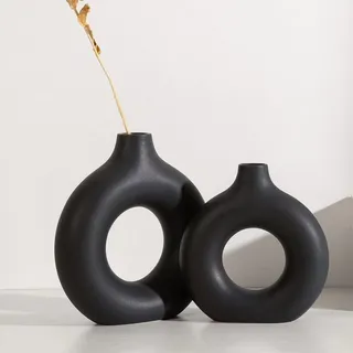 Donut Vase Deko, Matt Blumenvasen aus Keramik 2er-Set für Wohnungsdeko Tischdecko, Trockenblumen Vasen, Beige, Schwarz, Grau, Vase, Modern Keramikvase, Deko Höhe Vasen Set (L+M) (Schwarz)