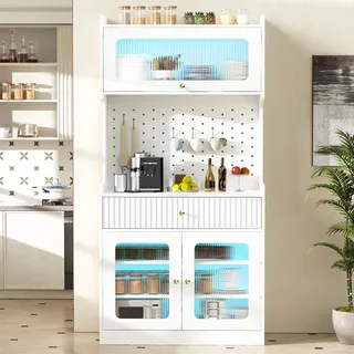 Highboard Mit Verstellbaren Regalböden Und Schubladen, Küchenschrank Mit  Led-beleuchtung Und Riffelglas , Ideal Für Esszimmer, Wohnzimmer Und Küche (weiß)