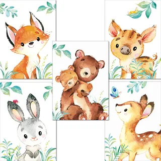 LALELU-Prints | A4 Bilder Kinderzimmer Deko Mädchen Junge | Zauberhafte Wald-Tiere | Poster Babyzimmer | 5er Set Kinderbilder (DIN A4 ohne Rahmen)