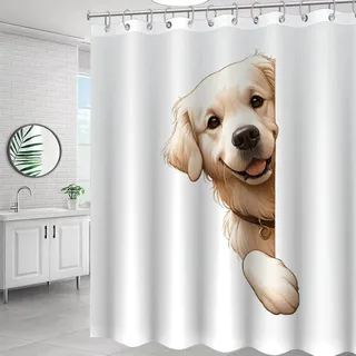Yelolyio Golden Retriever Duschvorhang, Hund, der um die Ecke schaut, Polyester, wasserdichter Stoff, Badvorhang mit Haken, Duschvorhang für Badezimmer, Dekoration, 183 x 198 cm