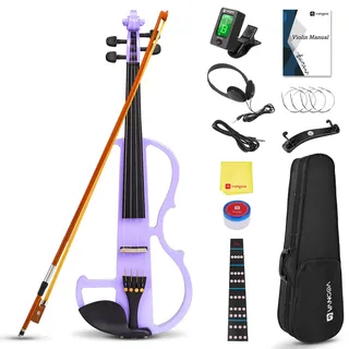 Vangoa 4/4 Elektrische Violine Stille Geige aus Massivem Holz mit Tragetasche, Kabel, Schulterstütze, und Bogen, Violett