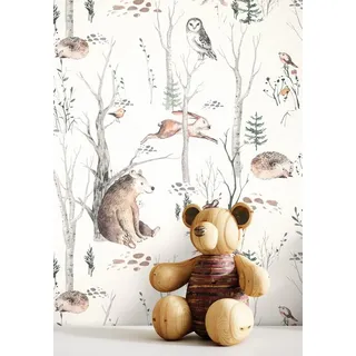 Newroom Vliestapete Kenan Tapete Kindertapete Waldtiere,Bäume, Braun Tapete Kinder Waldtiere - Kindertapete Jugendtapete Grau Weiß Verspielt Bäume für Kinderzimmer Jugendzimmer Babyzimmer, Jugendtapete braun