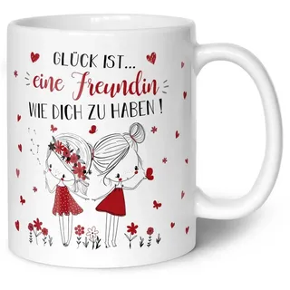 GRAVURZEILE Tasse mit Spruch Glück ist eine Freundin, - Persönliches Geschenk für Freundinnen - Weiß weiß