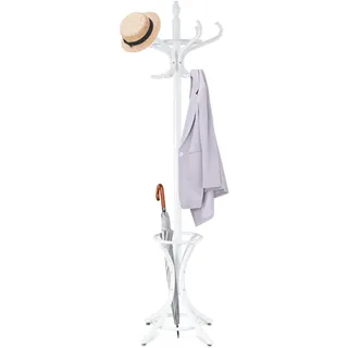 RELAX4LIFE Garderobenständer Holz, Garderobe Aufhänger inkl. 12 Kleiderhaken, Kleiderständer mit Schirmständer, Stabiler Jackenständer, bis 10 kg belastbar, für Mäntel & Hüte & Hosen, 184 cm (Weiß)