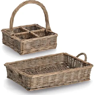 Brotkorb ZELLER PRESENT, beige (natur), Massivholz, Lebensmittelaufbewahrungsbehälter, Brotkorb, und Tablett im Set, Weide geflochten