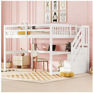 Flieks Hochbett Massivholz Etagenbett Kinderbett 140×200cm mit Treppe und Schreibtisch weiß 145 cm x 253 cm x 147.5 cm