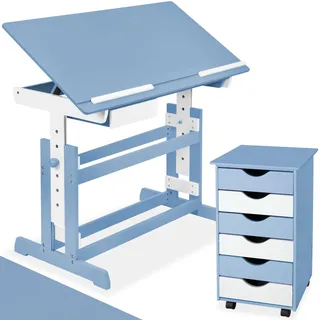 tectake® höhenverstellbarer Schreibtisch, Kindertisch, Kinderschreibtisch höhenverstellbar und neigbar mit Schreibtisch Zubehör Rollcontainer mit Schubladen, Kinderzimmer Möbel, Jugendzimmer - blau