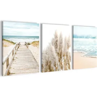 Novart Wandbilder Set Wohnzimmer Strand Dünen Ostsee Nordsee - KOMPLETT AUFHÄNGFERTIG - Schlafzimmer Deko - 3 Moderne Strandbilder Meer - N004835a