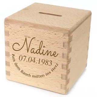 Elefantasie Spardose mit Namen graviert Sparwüfel zur Geburt, Hochzeit, Taufe aus Holz Aus dem Bauch