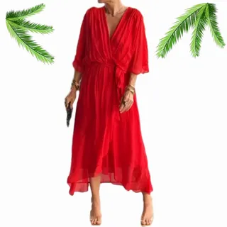 WINDEHAO Stilvolles und elegantes Chiffon-Kleid mit V-Ausschnitt für Damen, Chiffon, V-Ausschnitt, Maxikleid, Abendkleid, Partykleid, Chiffon, Fledermausärmel, Hochzeitsgästekleid - XL
