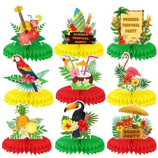HOWAF 9 Stück Hawaii Luau Bienenwaben Tischaufsätze, 3D Flamingo Tischdekorationen Waben-tischaufsatz Ball Dekorationen Party Zubehör für Tiki Tisch Dekoration Sommer Tropisch Aloha Geburtstag Party