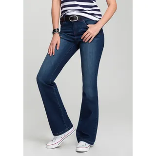 Bootcut-Jeans H.I.S "High-Waist" Gr. 27, Länge 32, blau (darkblue, used) Damen Jeans wassersparende Produktion durch OZON WASH