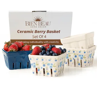 Farmhouse Keramik-Beerenkorb, Sieb, Farmers Market quadratische Schüssel rustikale Küchendekoration Obstschalen Obstkörbe Bleu Weiß und Blaubeere Muster Steingut Ernteschalen Set von 4