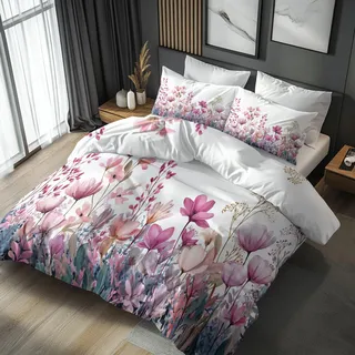 Generisch Bettwäsche 135x200 Pastell Lila Blumen Design, 2teilig - Floral Aquarell Bettbezug und 1 Kissenbezug 80x80, Wendebettwäsche, Schlafzimmer Deko, Mikrofaser, mit Reißverschluss kJIl-16