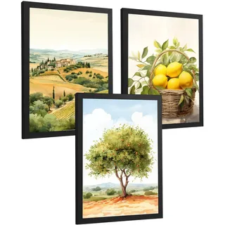 POSTER 3er Bilder-Set Wandbilder Landhaus Dorf Landschaft modern Wohnzimmer Deko, Schlafzimmer, Küche, Badezimmer Schwarzer Rahmen A3