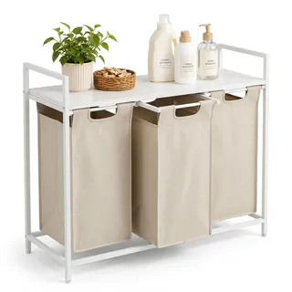 Relaxdays Wäschekorb mit 3 Fächern & Ablage, Beige,Weiß