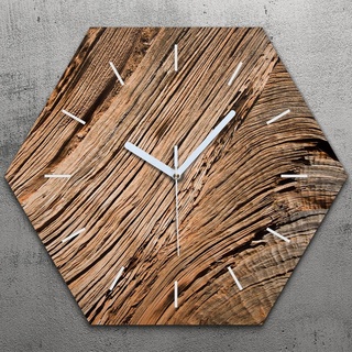 Uhr hexagonal 40 cm Glas Geräuschlos weiße Zeiger - Braunes Holz