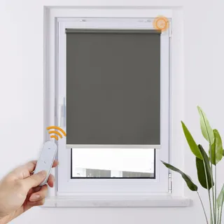 HOMEDEMO M100 Elektrische Rollos Verdunkelungsrollo mit Motor & Fernbedienung, Dunkelgrau 65x100cm(BxH), Smart Rollo ohne Bohren klemmfix & mit Bohren, Sonnenschutz Sichtschutz Rollo für Fenster