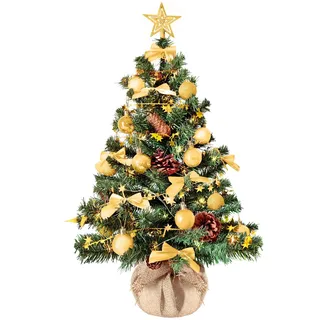 Weihnachtsbaum künstlich (WBD) 60 cm grün mit Weihnachtsdeko Gold und Led Lichterkette mit Batteriebox und Fernbedienung künstlicher Christbaum klein Tannenbaum