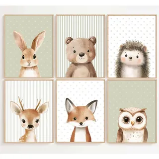 Wandkunst, Waldtiere, Kinderzimmer, Wandkunst, Baby, Kinder, Leinwandposter, Safari-Tier, Wanddekoration, Dschungel, Wald, Bär, Fuchs, Hirsch, Bilder, Salbeigrün, neutrales Kunstwerk für Schlafzimmer