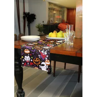 Fiestas Guirca | Halloween Deko Tischläufer - Schwarz Bunt - 28X275 cm | Bunte Cartoon-Motive | Pflegeleichtes Polyester | 28X275 cm | Tischdekoration | Karneval & Fasching
