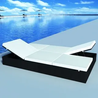 Doppel-Sonnenliege • Loungeliege • Sonnenbett mit Auflage Poly Rattan Schwarz