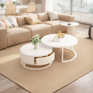 Runder Couchtisch Weiss 2er Set Modern Couch Tisch Weiß Mit Stauraum Schublade Rund Wohnzimmertisch Mit Marmor Desktop Holz Satztische Fürs Wohnzimmer Tisch Für Wohnzimmer Schlafzimmer Büro