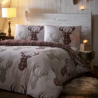 DE CAMA Bettwäsche-Set Design Hirsch in Schottenkaro, natürlich, braun, für Doppelbetten