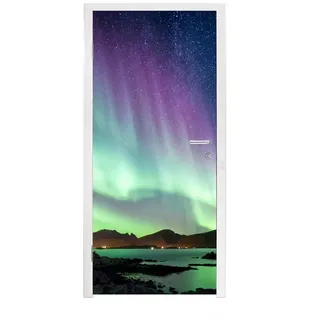 MuchoWow Türtapete Nordlicht - Grün - Lila - Sternenhimmel - See - Berg, Matt, bedruckt, (1 St), Türfolie Selbstklebend, Türtapete, Türdeko Poster, 95x235 cm bunt 95 m x 235 m