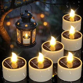 PChero Solar Wiederaufladbare Kerzen Outdoor Wasserdicht, 6 Stück LED Elektrische Teelichter Kerzen Flackernd mit Aufladbar Batterie für für Laterne Garten Camping Außen Deko