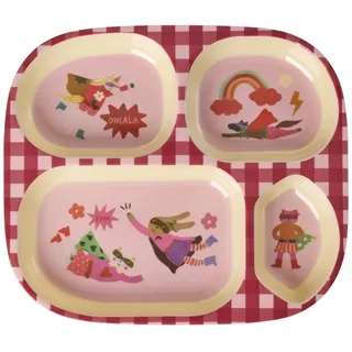 RICE Melamin Kinderteller mit 4er Einteilung Hero, Pink L:24 cm, B:21 cm, Höhe 2 cm